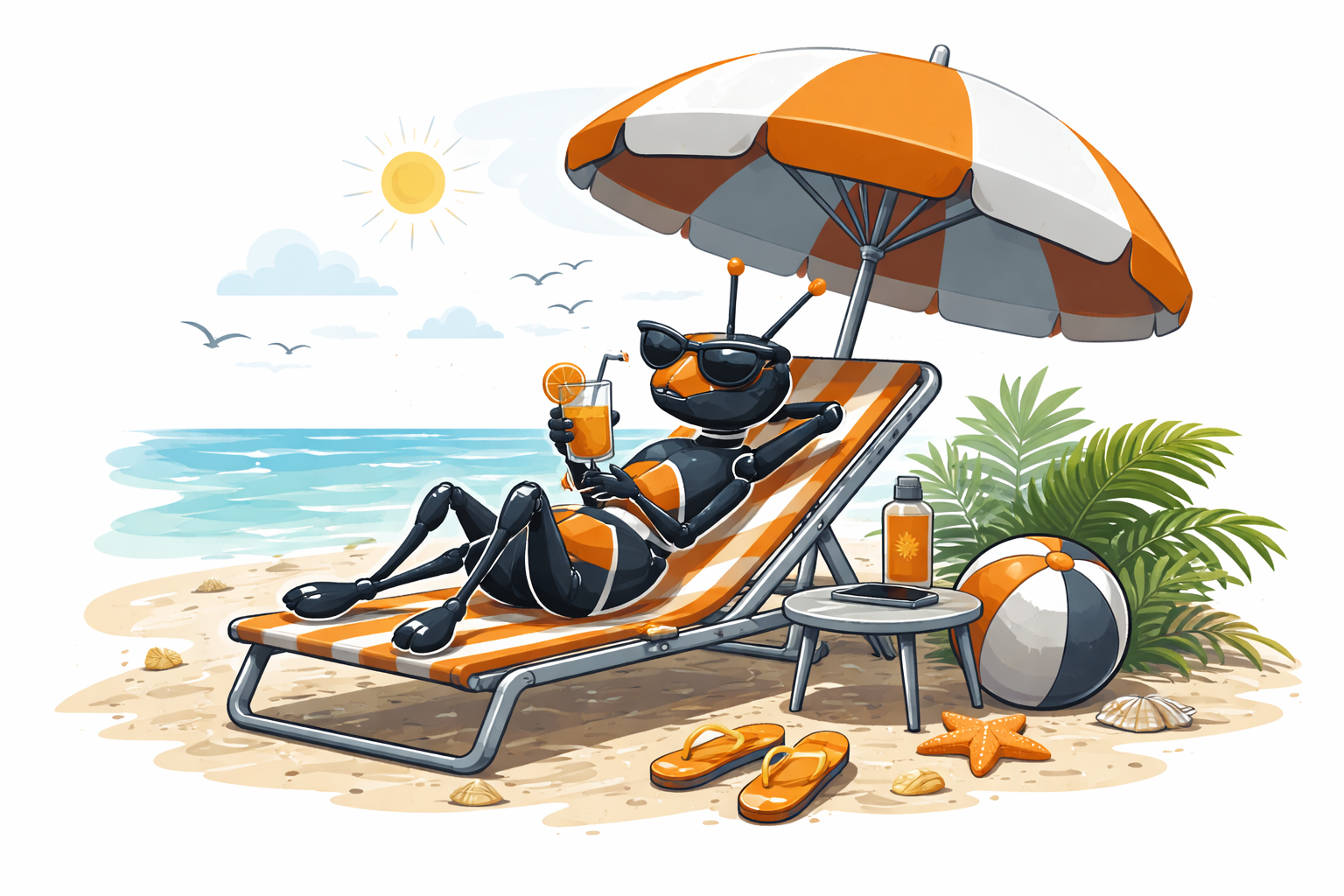 Ant relaxing on a deck chair